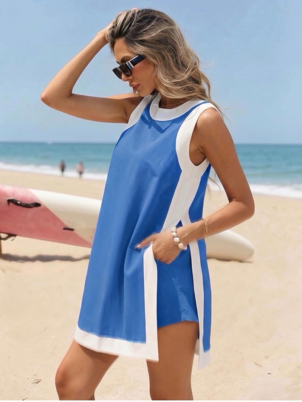 Royal Blue & White Colorblock High Slit Tunic Top & Shorts Set Size L NWT